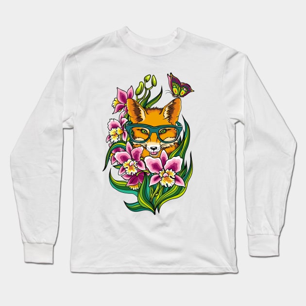 Fox with Glasses Long Sleeve T-Shirt by vesterias